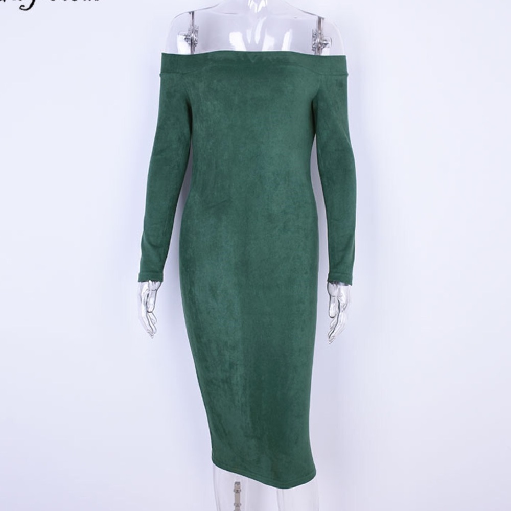 1 Left! Hunter Green Suede Off Shoulder Midi Dress - Picture 2 of 8